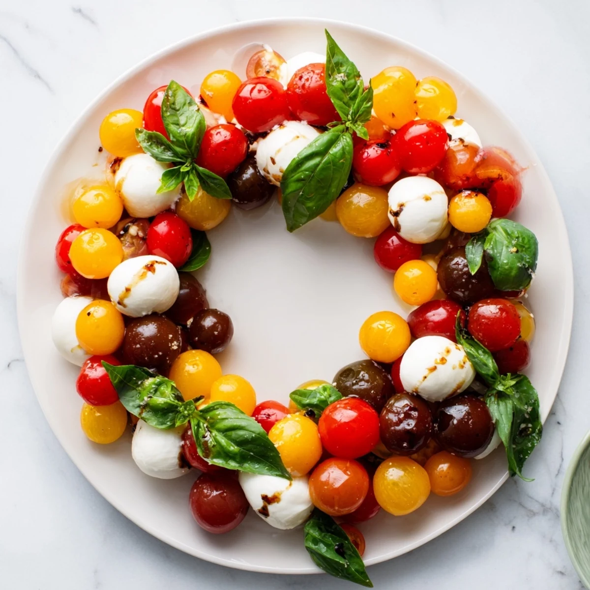 Bright, colorful Appetizer Wreath: Cherry Tomato and Basil Ring, a fresh, festive summer starter.
