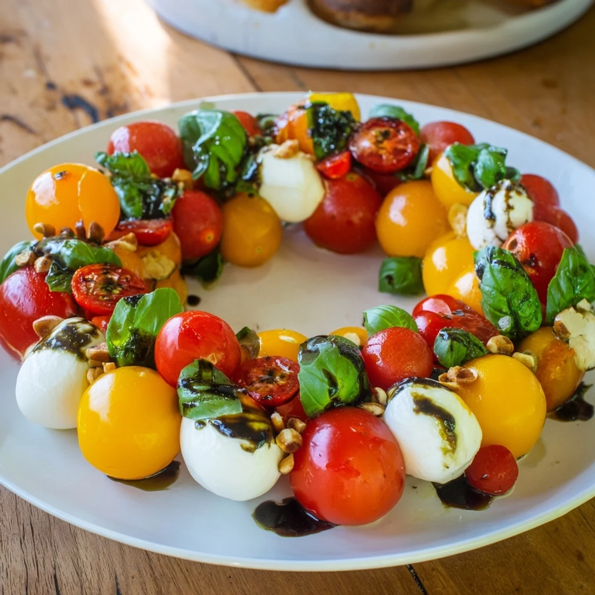 Fresh, vibrant Appetizer Wreath: Cherry Tomato and Basil Ring, ready to enjoy with a drizzle of balsamic glaze.
