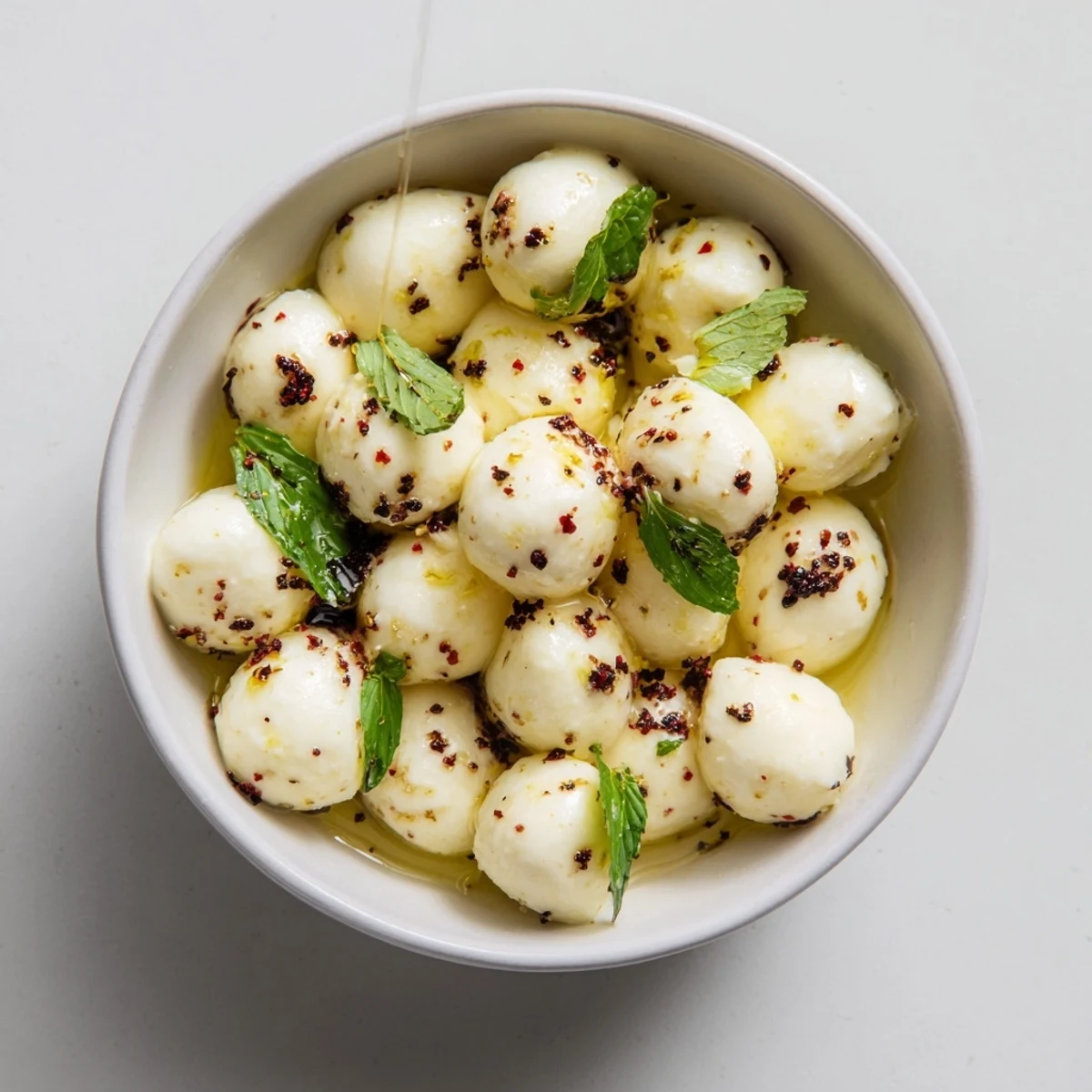 Creamy mozzarella pearls in a bowl, a simple Italian appetizer, ready to enjoy.