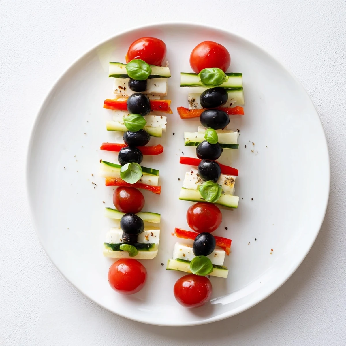 Double Helix Genetic Code appetizer: colorful lines of olives, tomatoes, and cheese, perfect for a party.