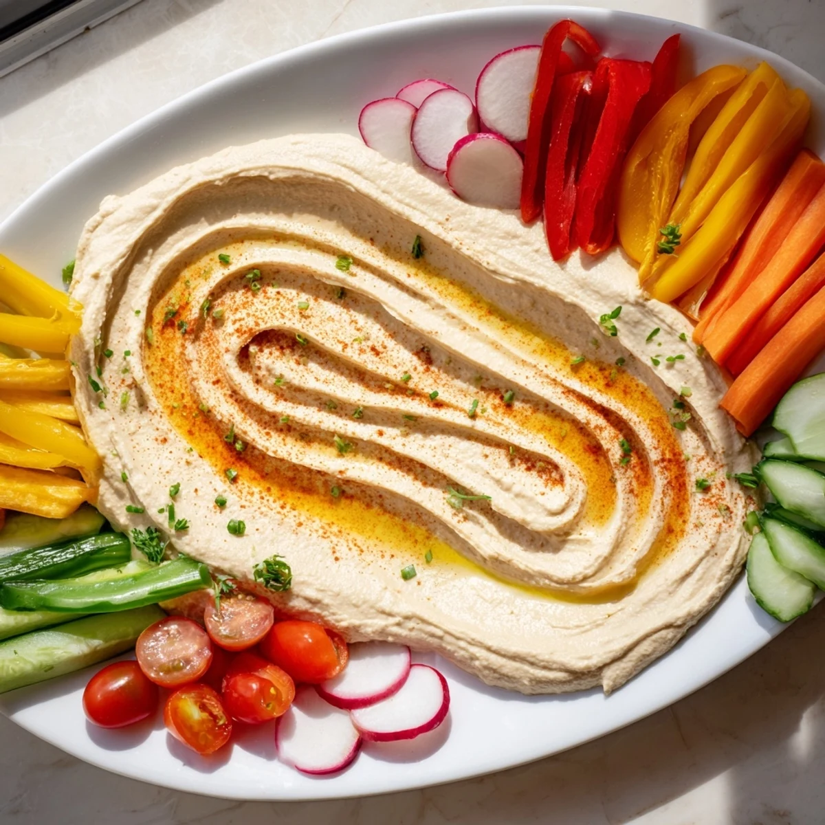 A beautiful River Delta Flow appetizer with colorful veggies arranged around creamy hummus.