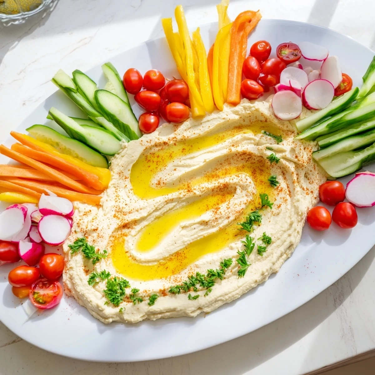 Fresh, vibrant River Delta Flow: a vegetarian platter with bright veggies and a savory dip.