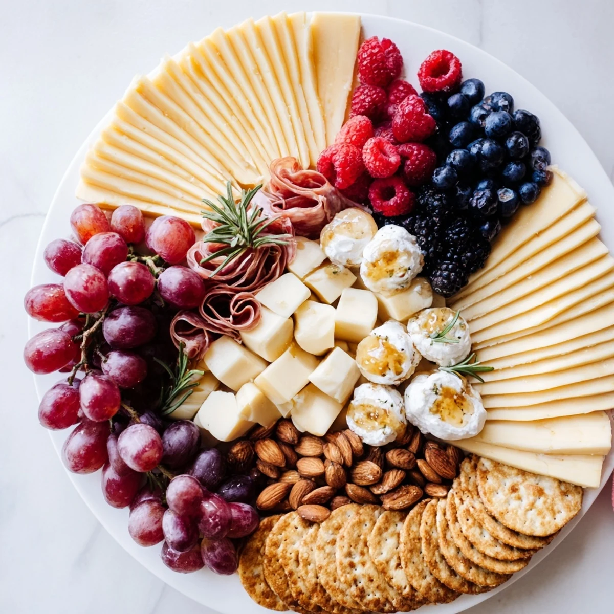 A stunning Ouroboros Circle appetizer platter, featuring cheeses, fruits, and meats arranged in a ring.