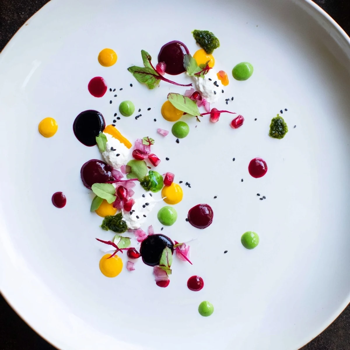 Vibrant dots of color in a Pointillism Dot Matrix appetizer with microgreens and pomegranate seeds.