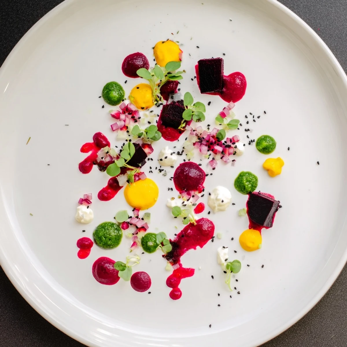 A close-up view of the contemporary Pointillism Dot Matrix dish, a beautiful appetizer to share and enjoy.