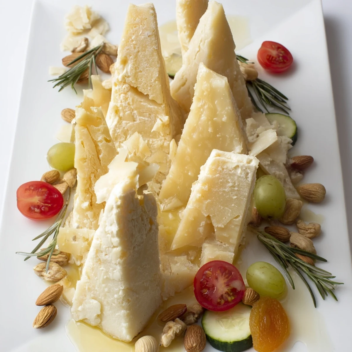 Dramatic, sculptural cheese landscape features aged cheddar and flavorful fruits, perfect for an appetizer.