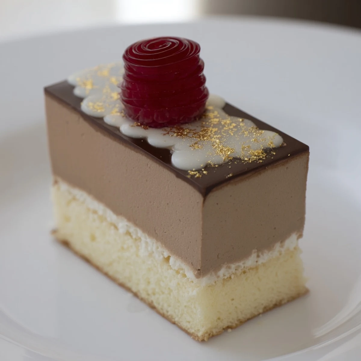 Luxurious Golden Ratio Shell dessert with a gleaming white chocolate glaze and gold dust adornment.