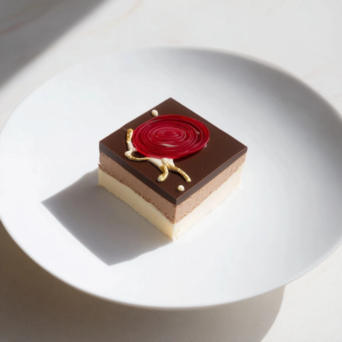 Delicately swirled Golden Ratio Shell layers of raspberry jelly, chocolate mousse, and sponge, served cold.