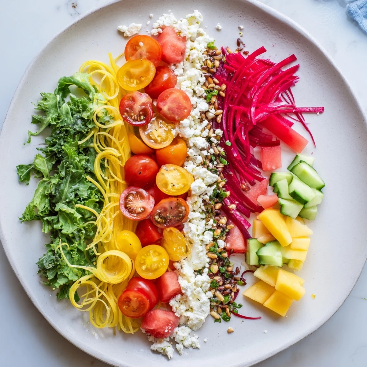 Bright, flavorful Abstract Expressionist Splash salad showcases a creative mix of textures and seasonal produce.