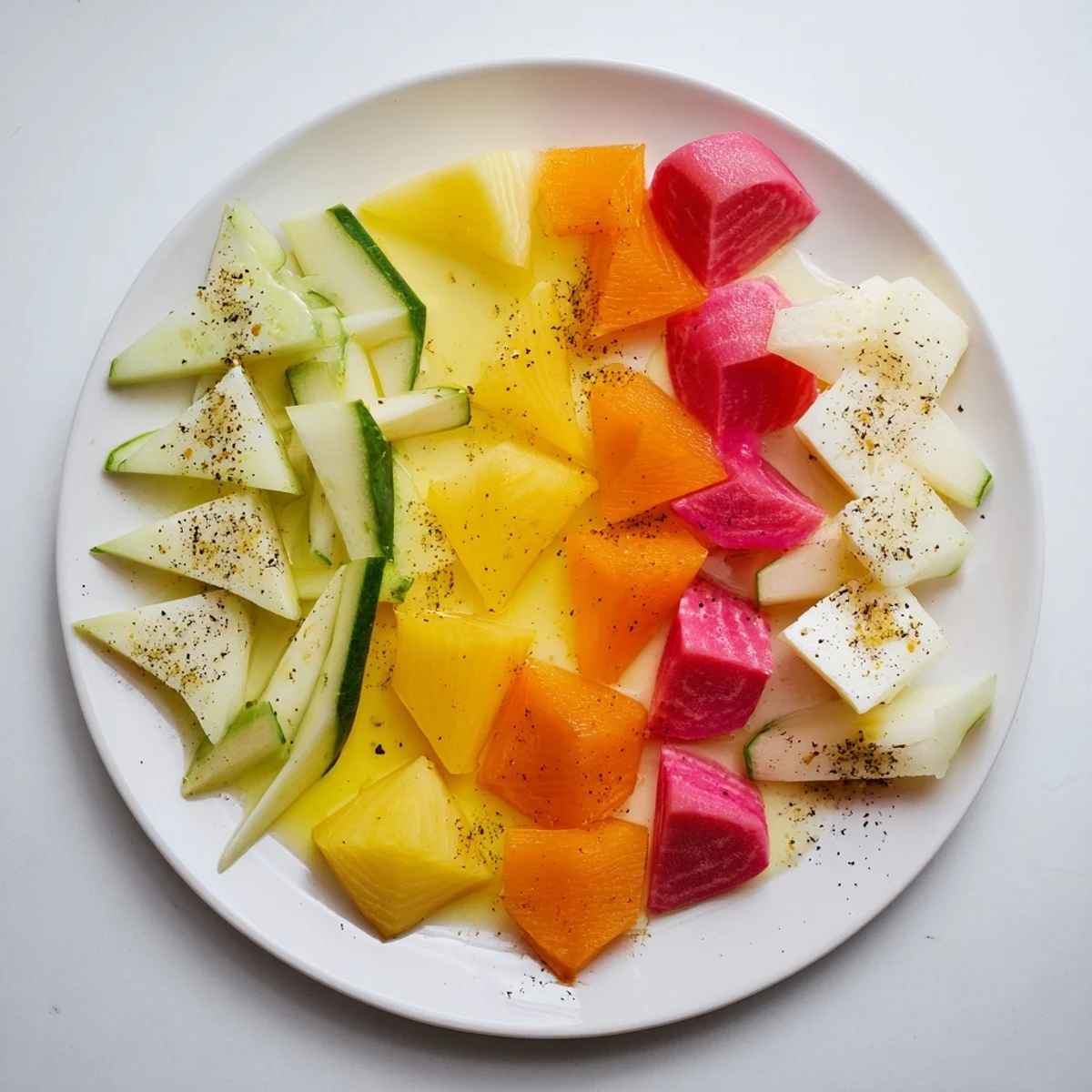 Cubist Deconstruction appetizer, colorful geometric shapes of vegetables and fruit elegantly arranged.