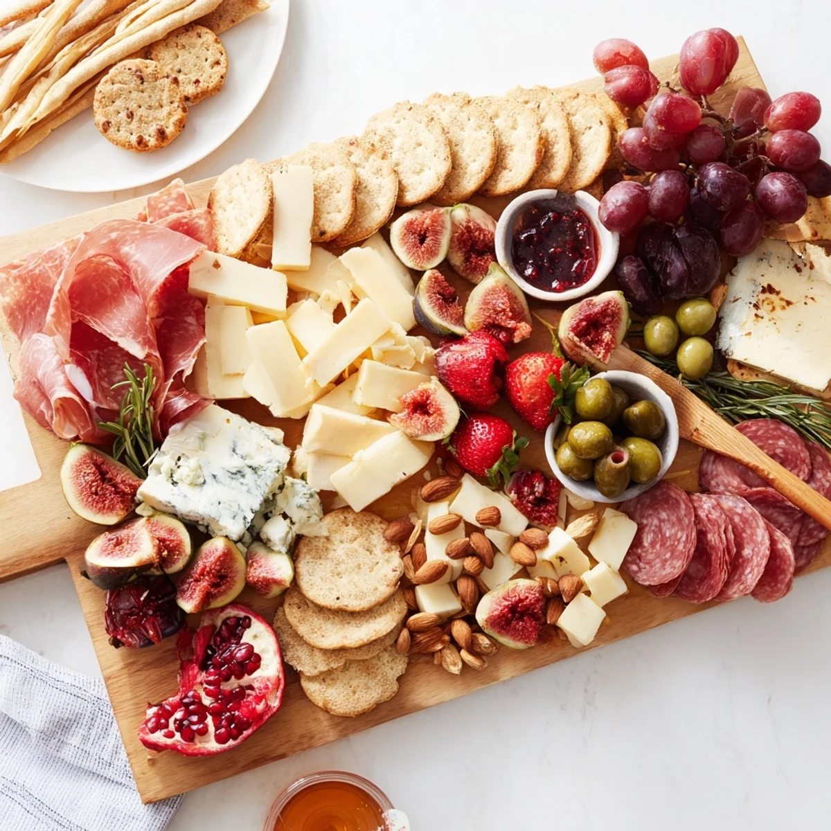 A luscious image of The Final Curtain grazing board overflowing with delicious cheeses and fruits.