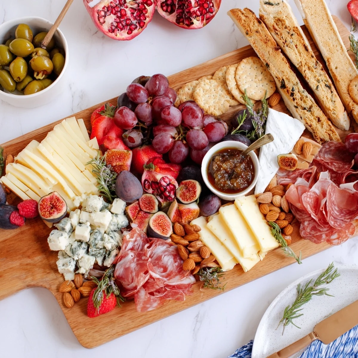 This stunning The Final Curtain appetizer board features draped meats, ripe figs, and vibrant pomegranate seeds.
