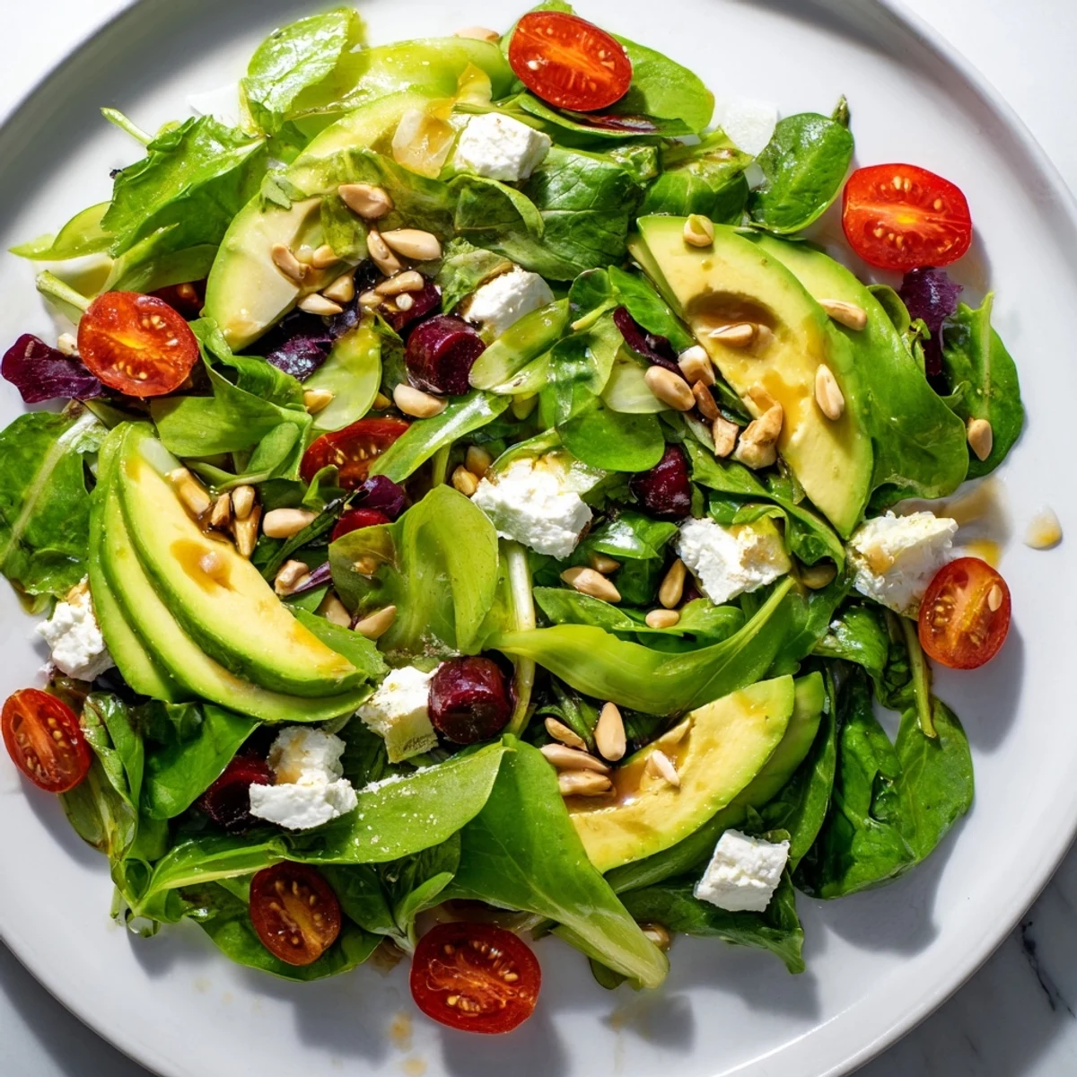 Brightly colored Golden Ratio Salad, drizzled with lemon vinaigrette and topped with feta cheese.