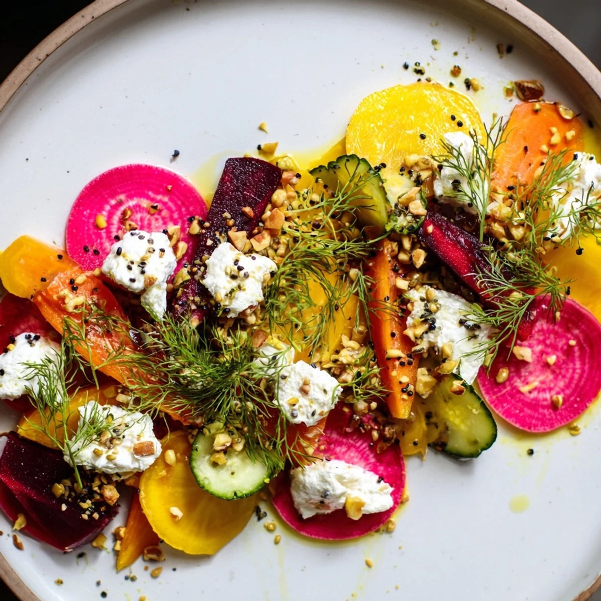 Artfully arranged Kinetic Motion Blur appetizer displaying colorful, thinly sliced vegetables with goat cheese.