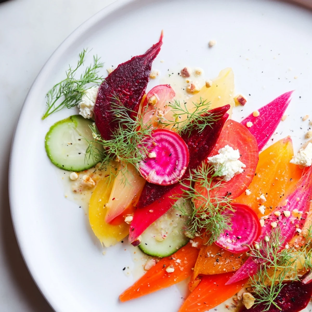 Freshly drizzled dressing on the Kinetic Motion Blur: a vegetarian platter with creative food arrangement.