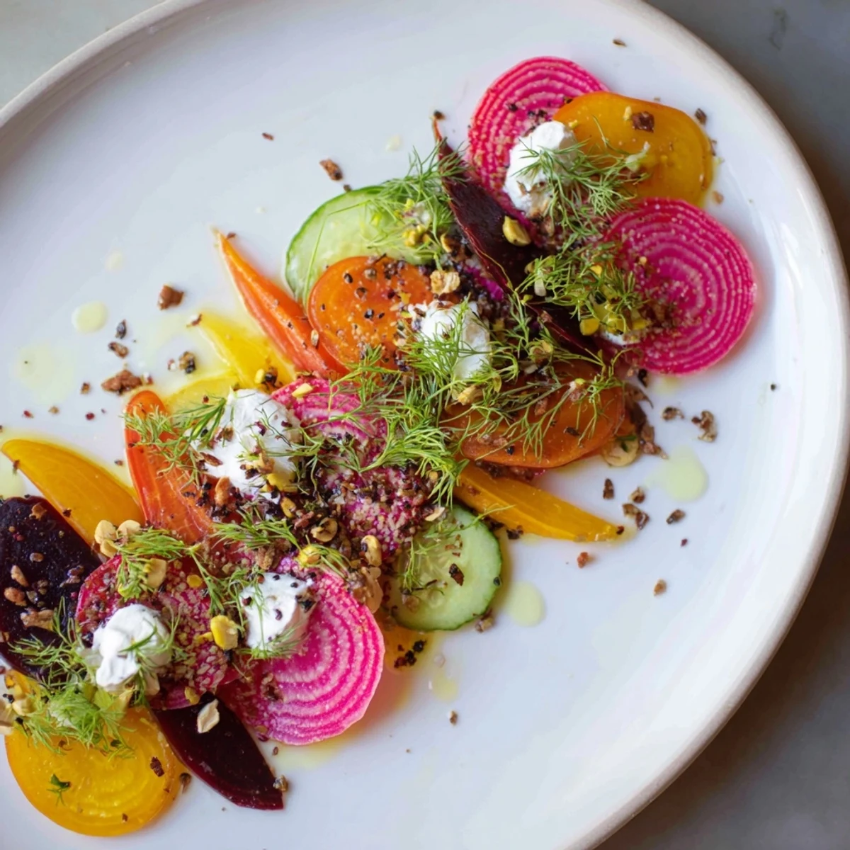 A stunning visual of the Kinetic Motion Blur, a modern veggie appetizer with nutty garnish and microgreens.