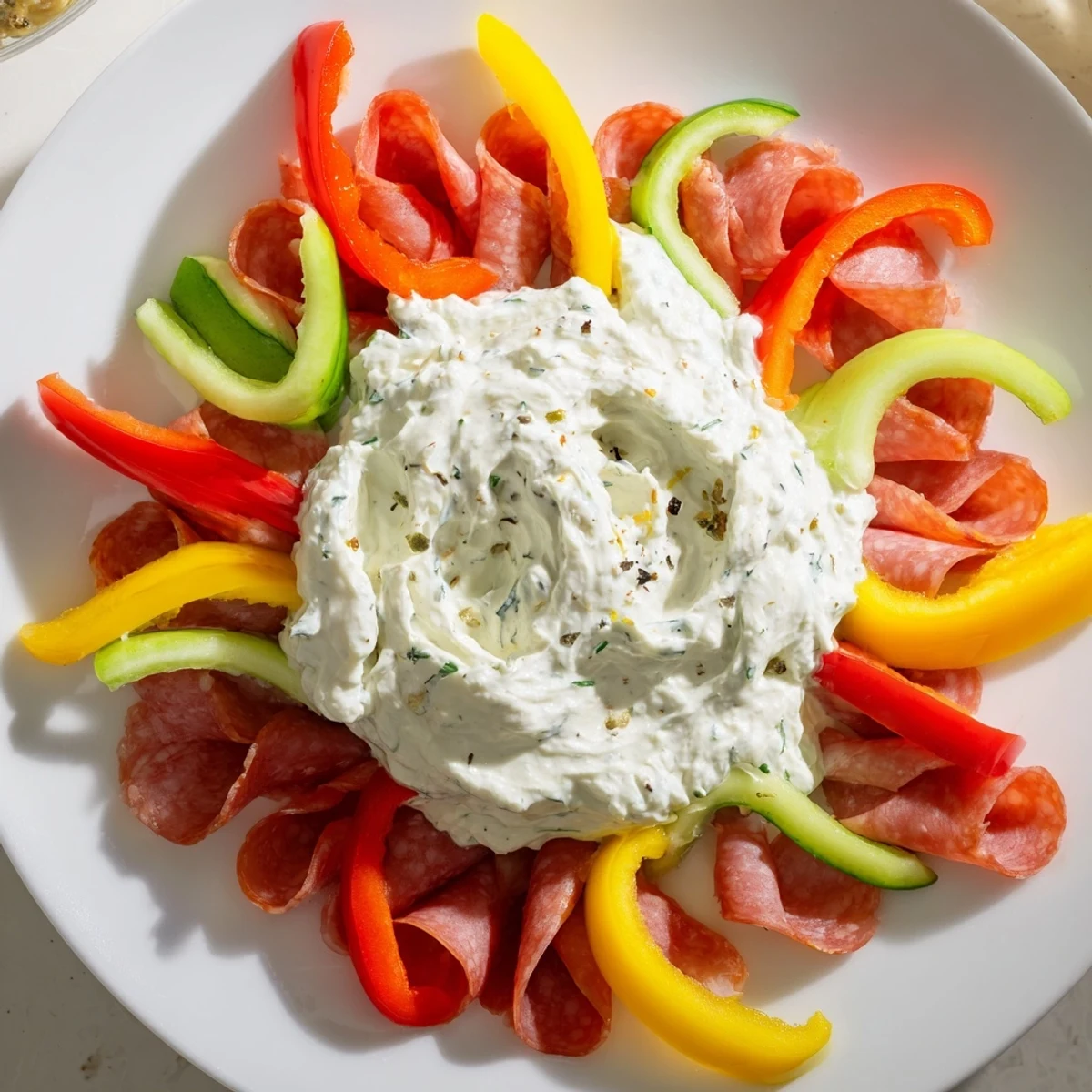 Medusa Curls appetizer: vibrant meat and pepper curls radiate from the creamy dip "head" in this party platter.