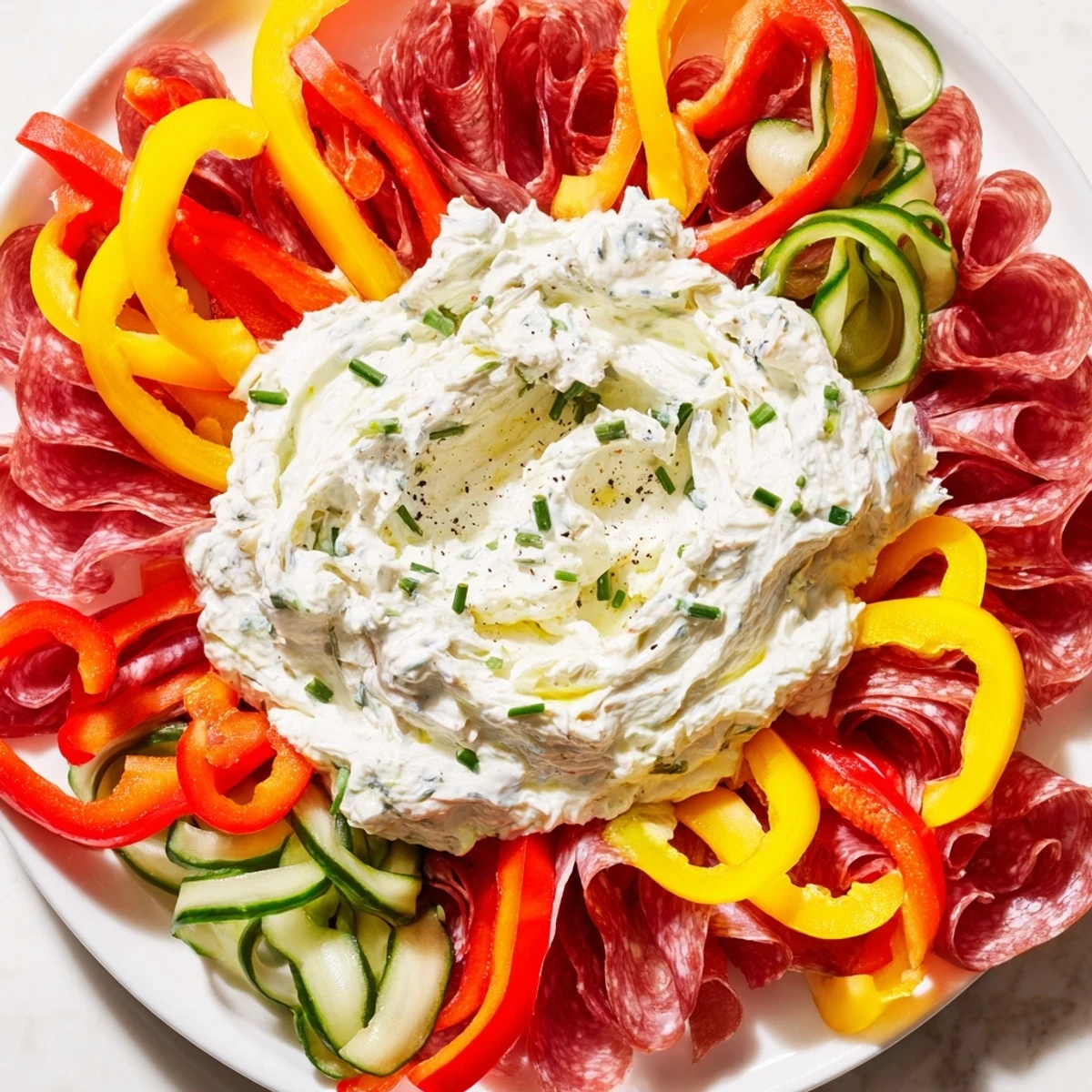 Vibrant Medusa Curls arranged on a platter offer a savory appetizer with salami, prosciutto, and colorful peppers.