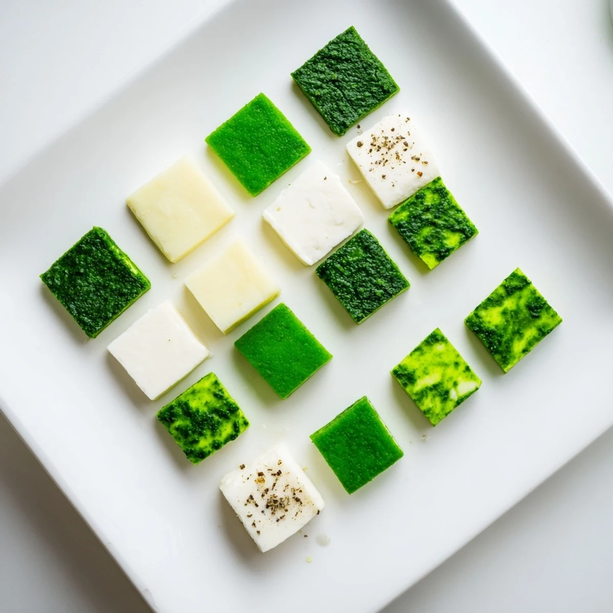 Checkerboard Garden appetizer, a visually appealing mix of cheeses and vibrant herbs ready to serve.