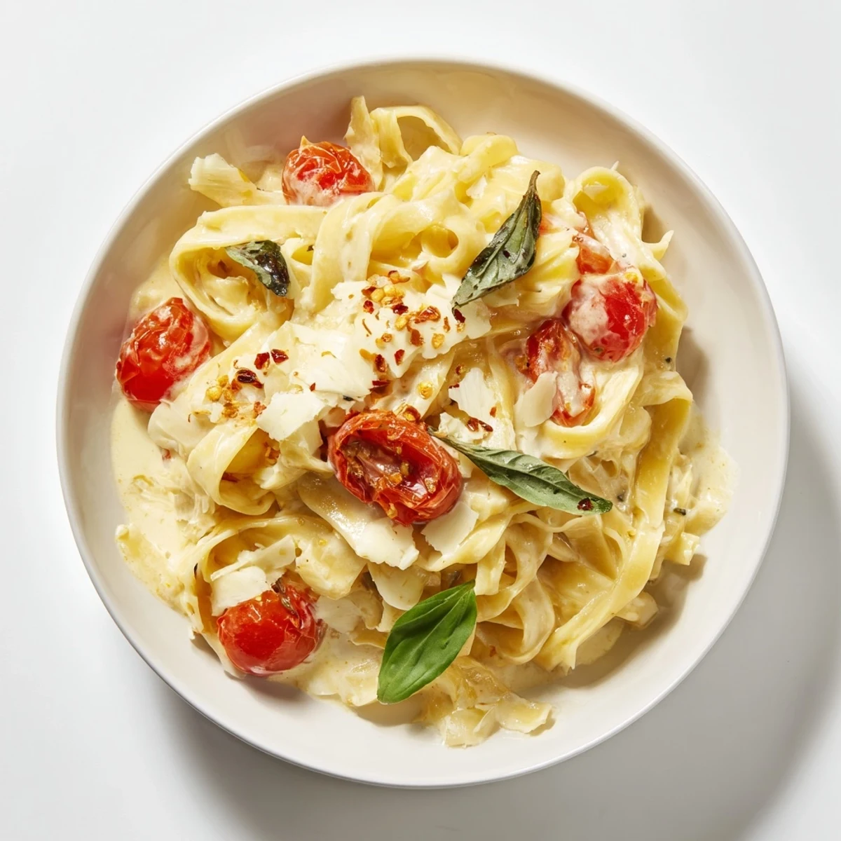 Baked Brie Pasta Sauce with melted brie, bright red tomatoes, and creamy pasta.
