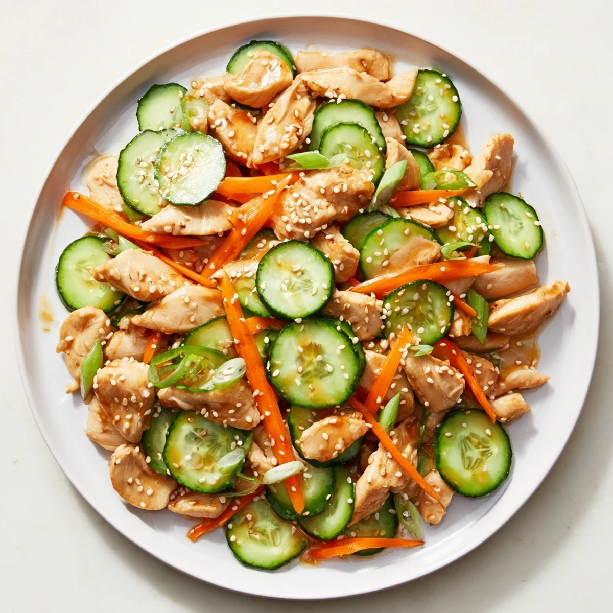 Delectable Deli Container Shaker Chicken Salad showcases vibrant cucumbers and tender chicken pieces, ready for eating.