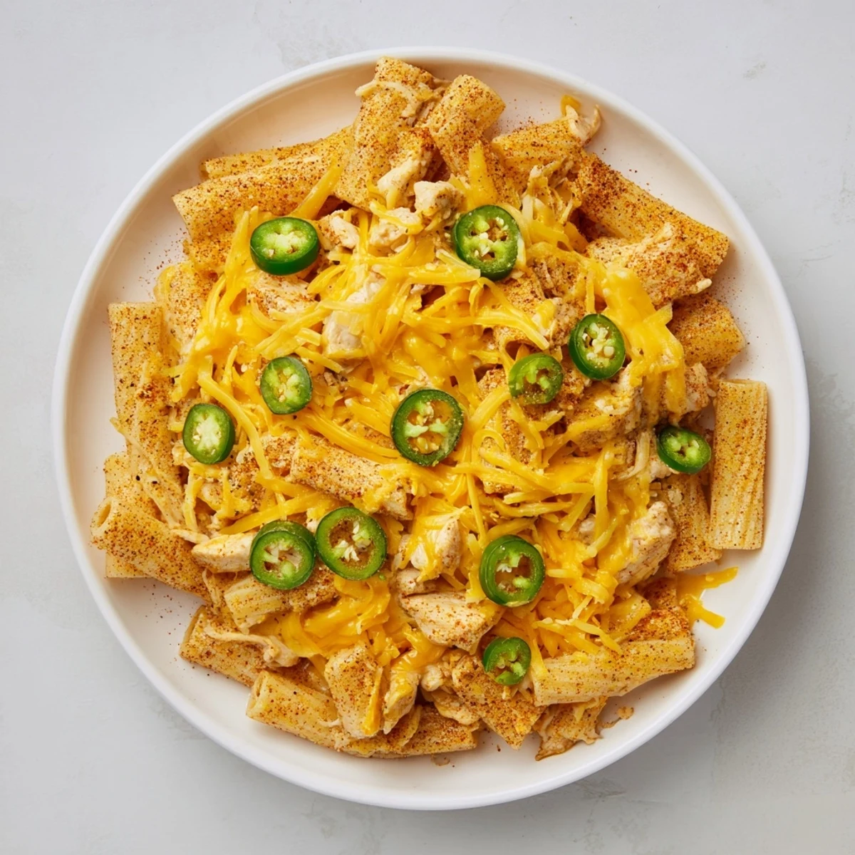 Golden, crispy Pasta Chip Nachos piled high with melted cheese and spicy jalapeños, ready to enjoy.