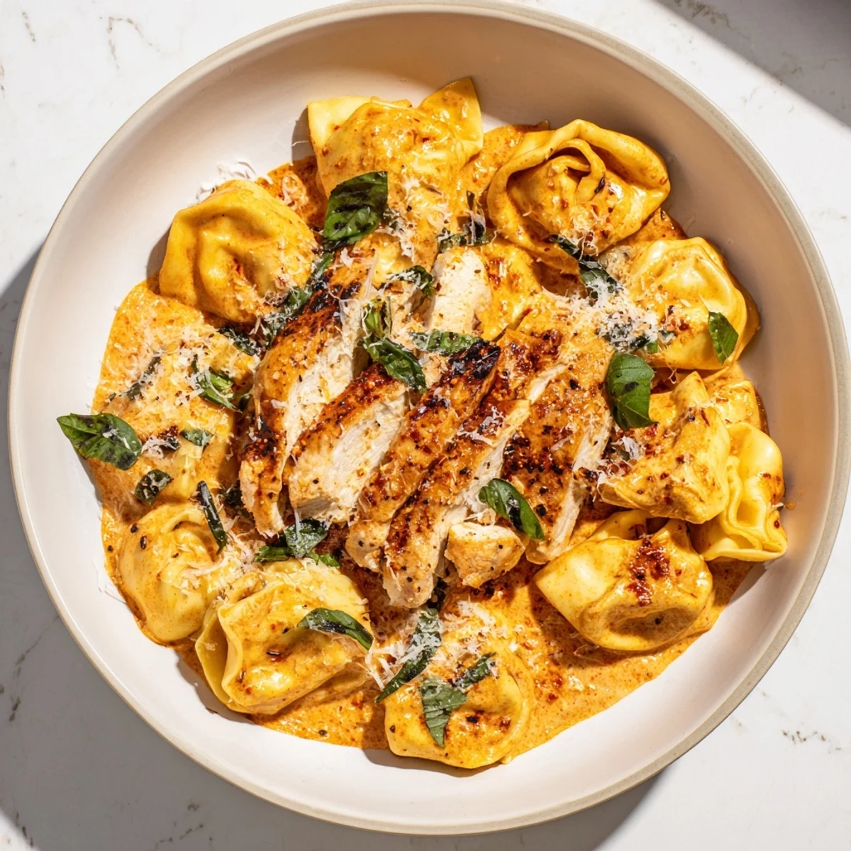 Marry Me Chicken Tortellini with visible sliced chicken and creamy sauce ready to serve.