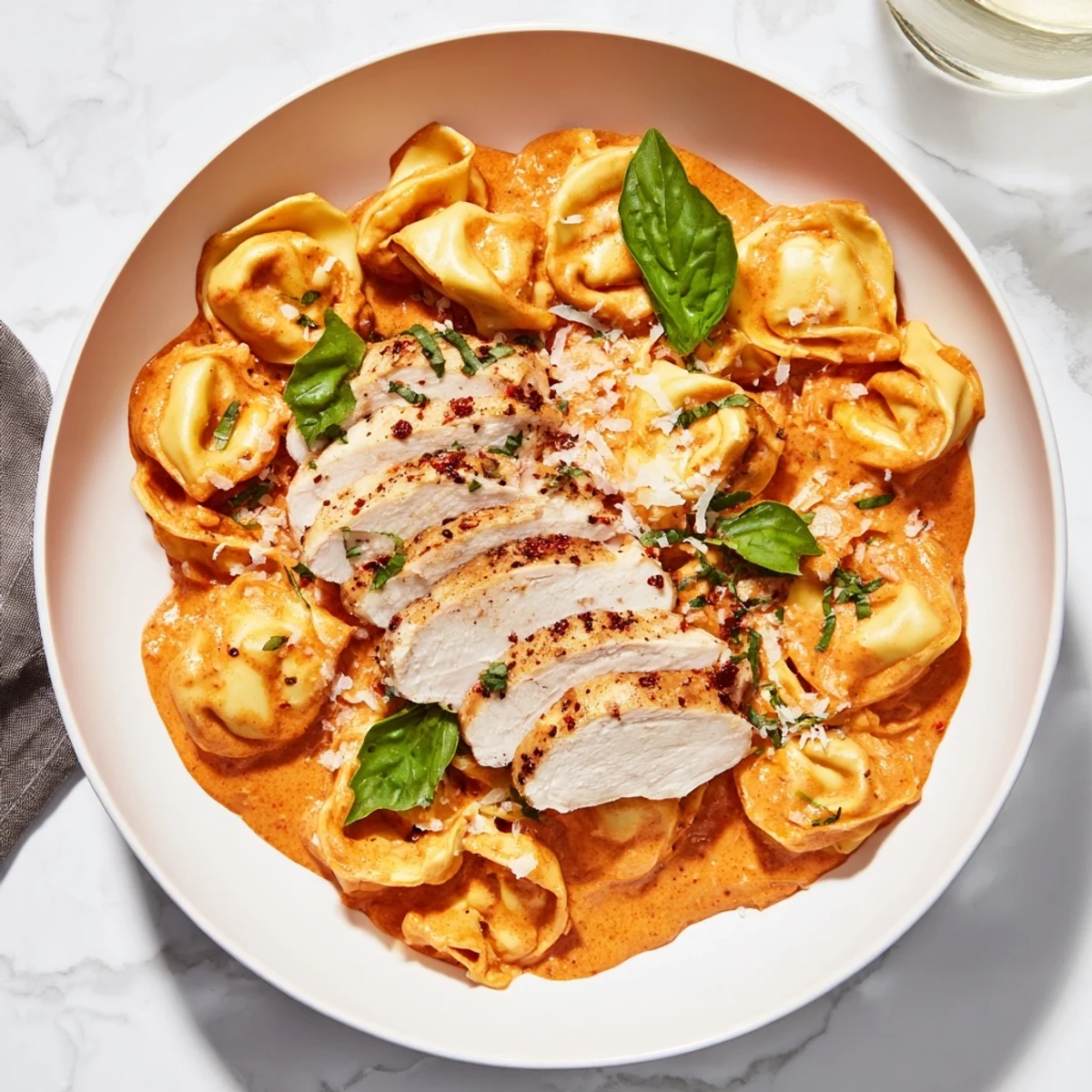 A close-up of golden Marry Me Chicken Tortellini, glistening with sun-dried tomatoes and Parmesan.