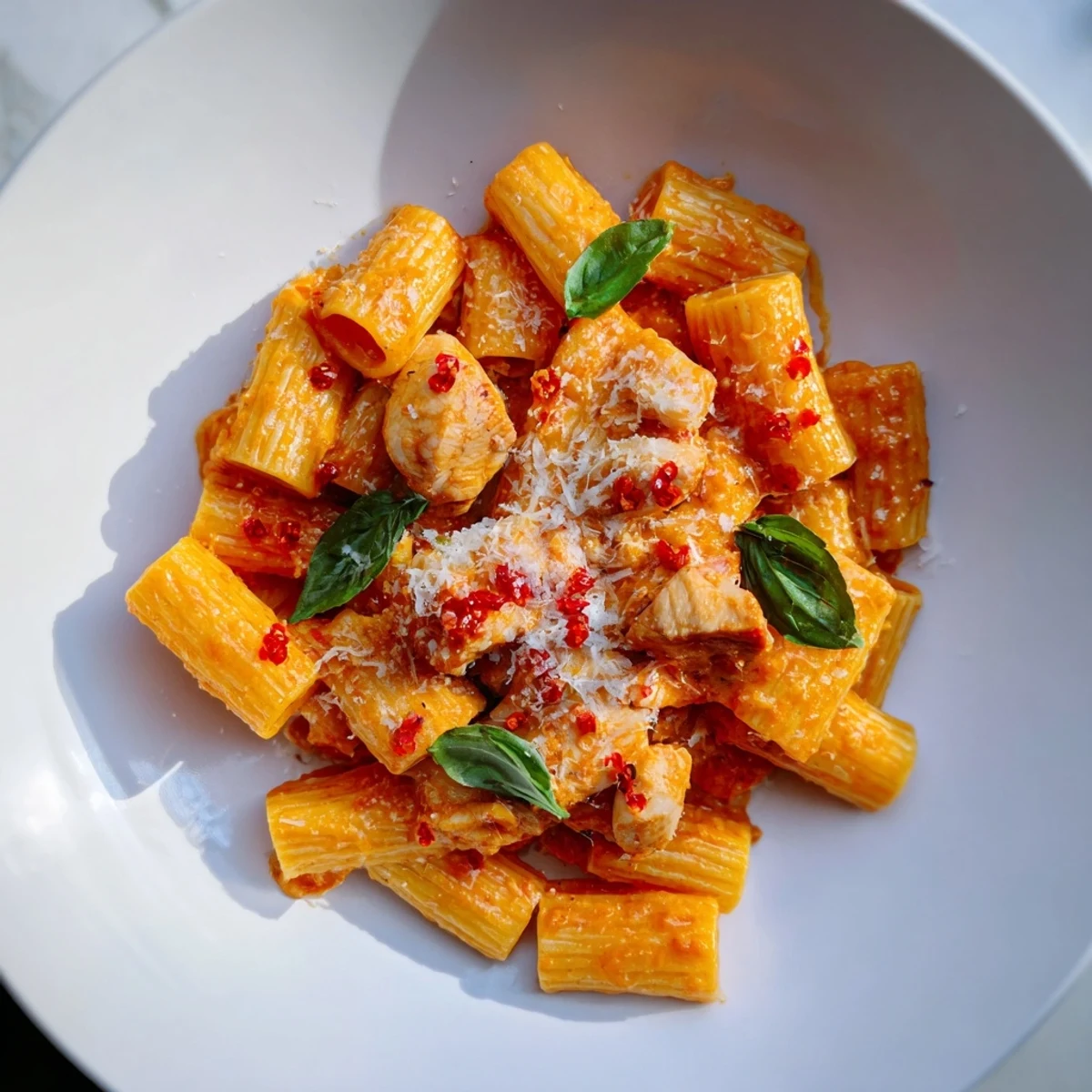 A vibrant photo of Spicy Vodka Chicken Pasta: tender chicken in a rich, chili-infused cream sauce.