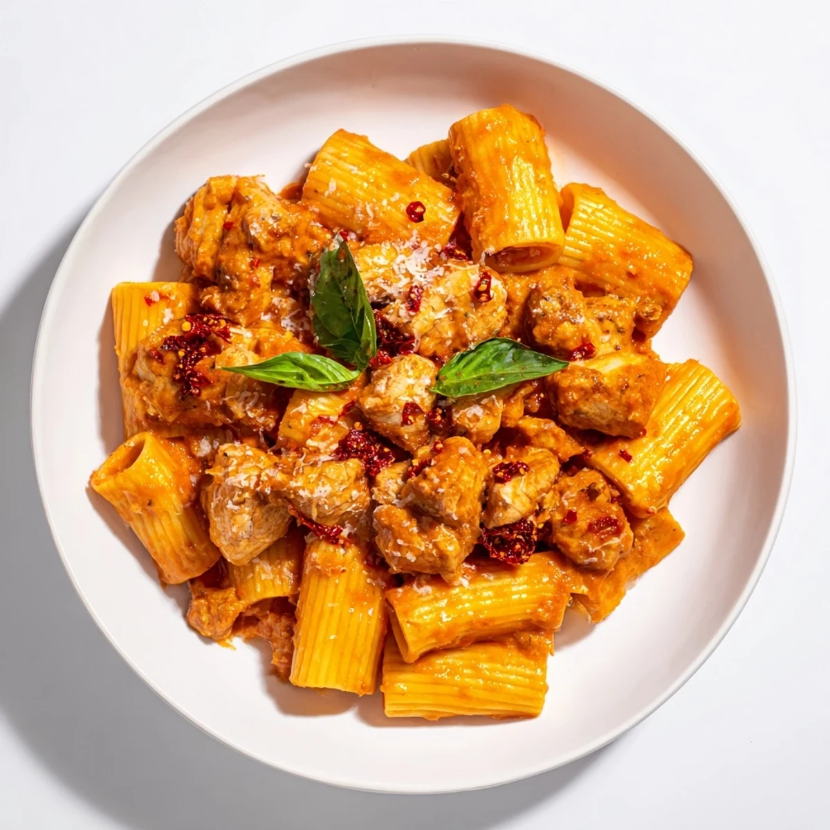 Creamy Spicy Vodka Chicken Pasta, topped with fresh basil and Parmesan, looks irresistible.