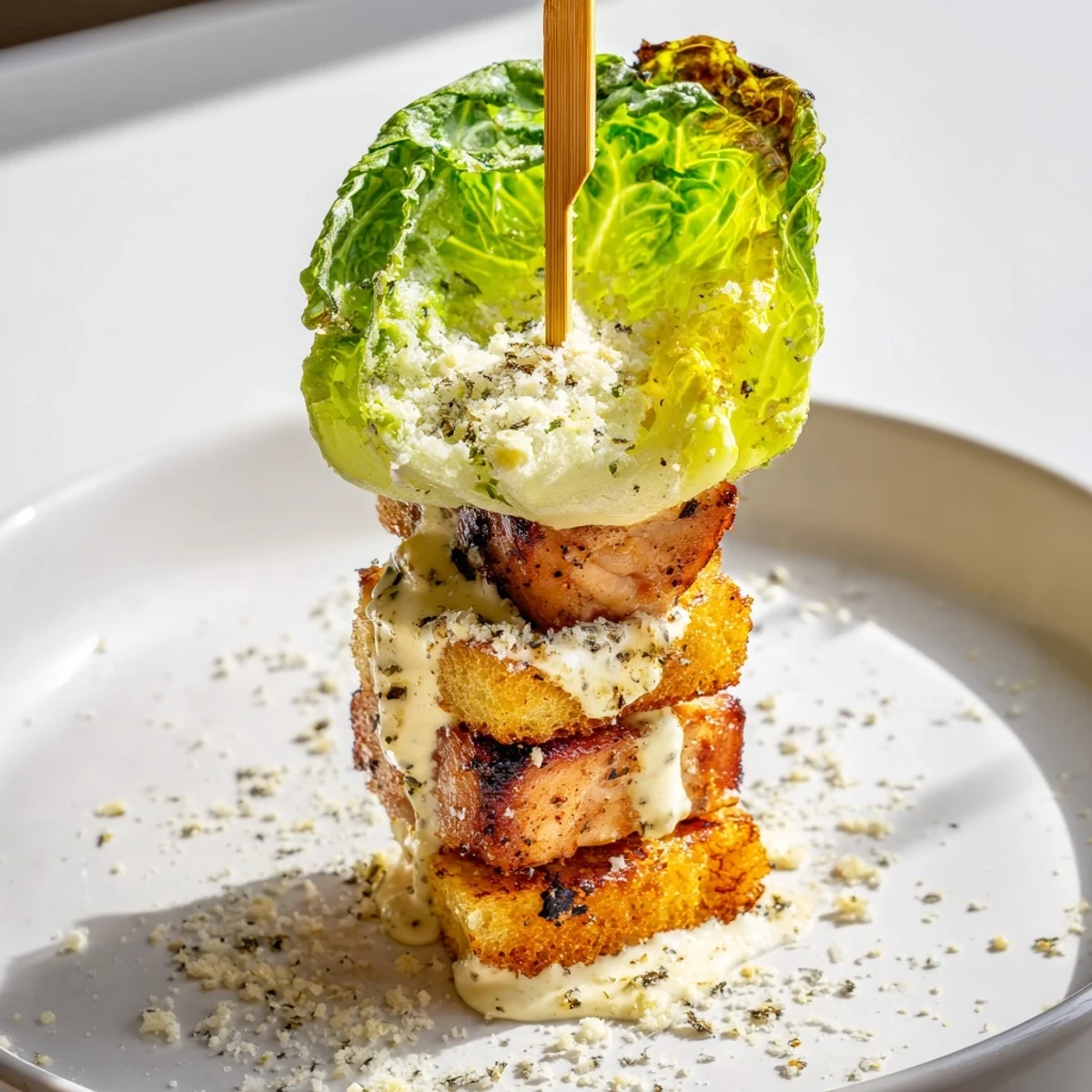 Chicken Caesar Salad Skewers: appetizing skewers showcasing grilled chicken, fresh lettuce, and crunchy croutons, ready to eat.