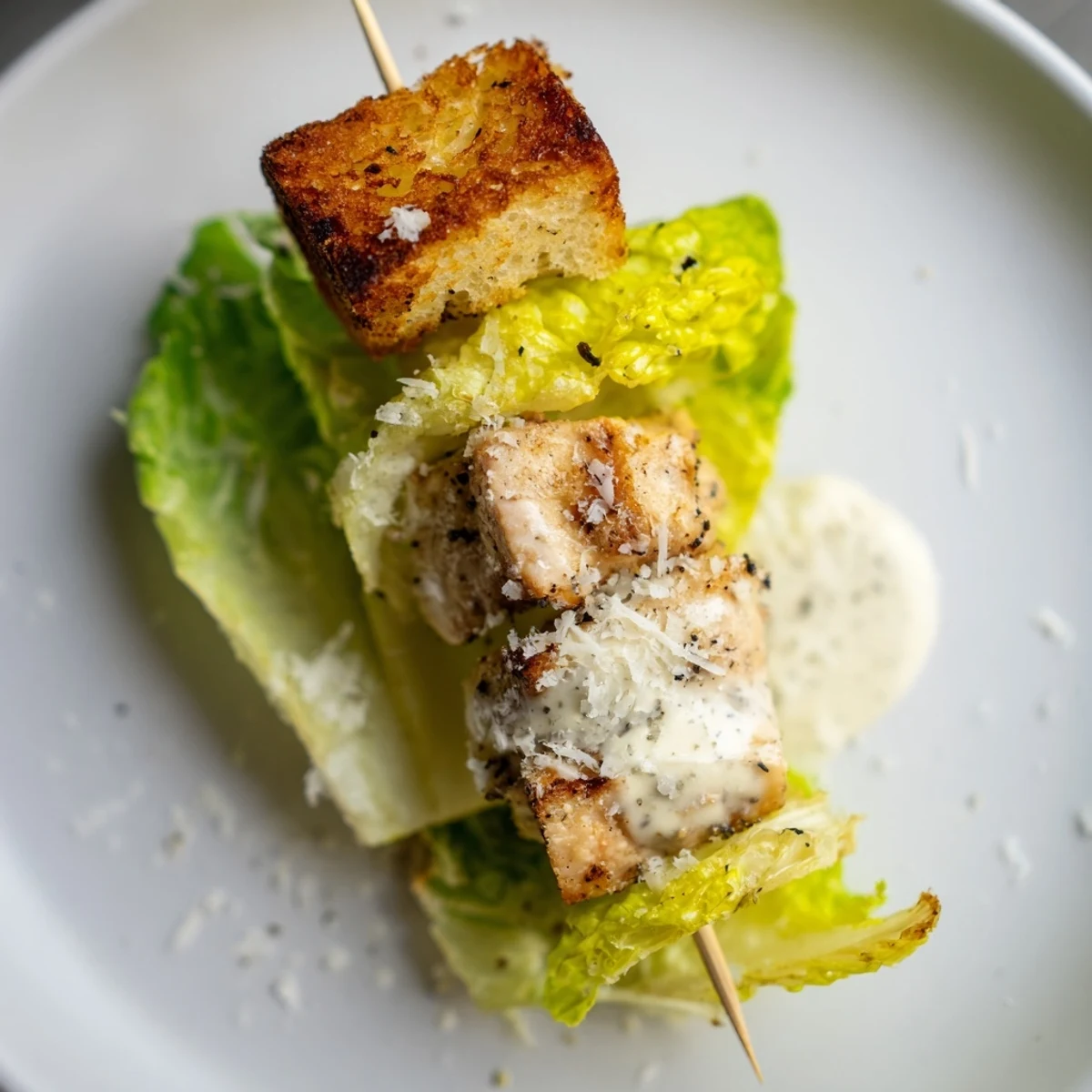 Grilled Chicken Caesar Salad Skewers: colorful skewers with tender chicken, romaine, and creamy Caesar dressing.