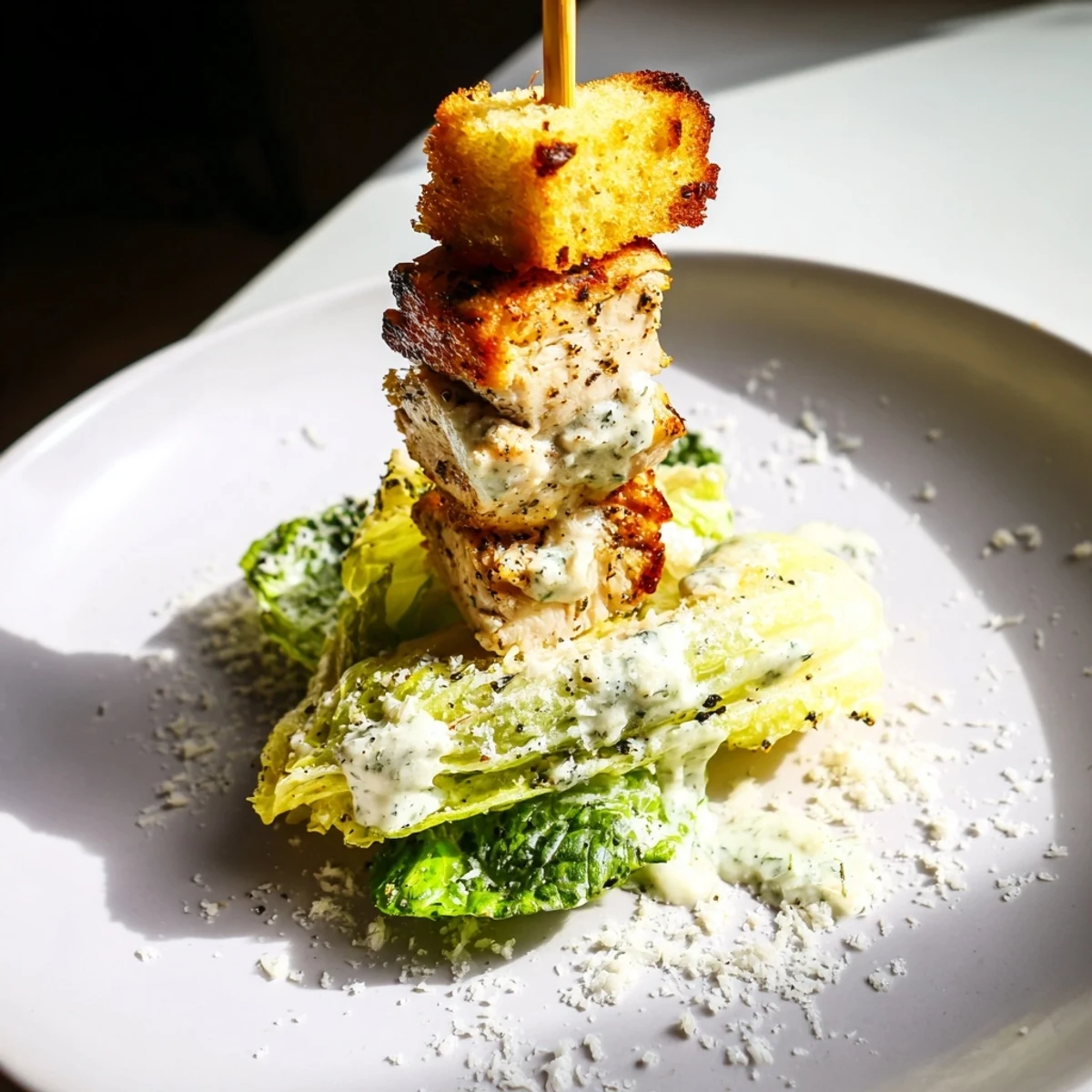 Delicious Chicken Caesar Salad Skewers: a close-up of appealing skewers layered with chicken, lettuce, and Caesar dressing.