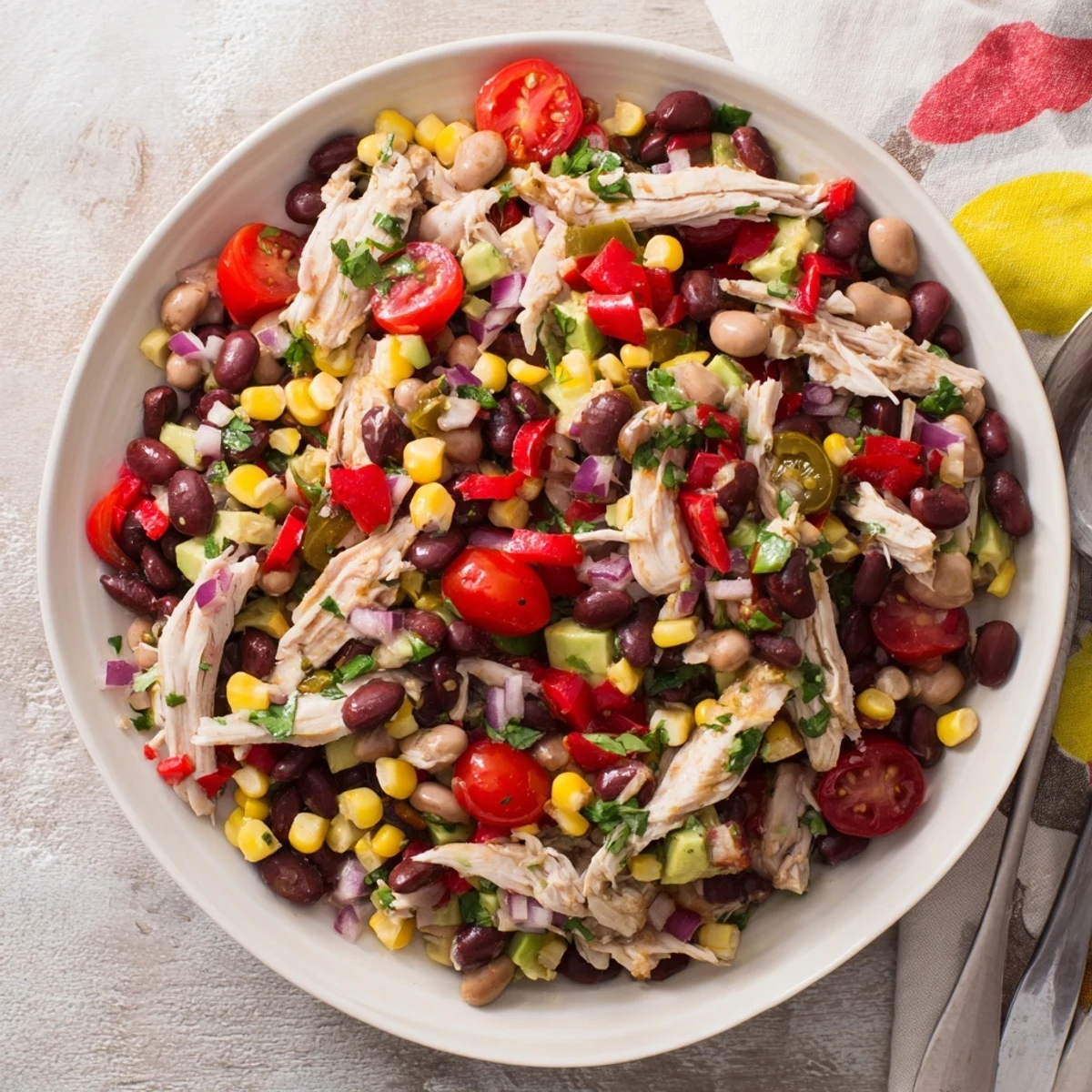 Dense Southwestern Bean Salad: a colorful mix of beans, chicken, and corn, ready to be tossed.