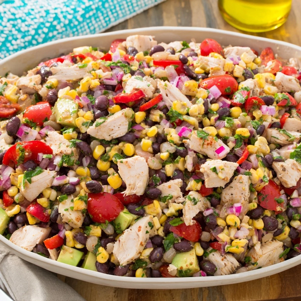 Close-up of a refreshing Dense Southwestern Bean Salad, showcasing the ingredients' textures and flavors.