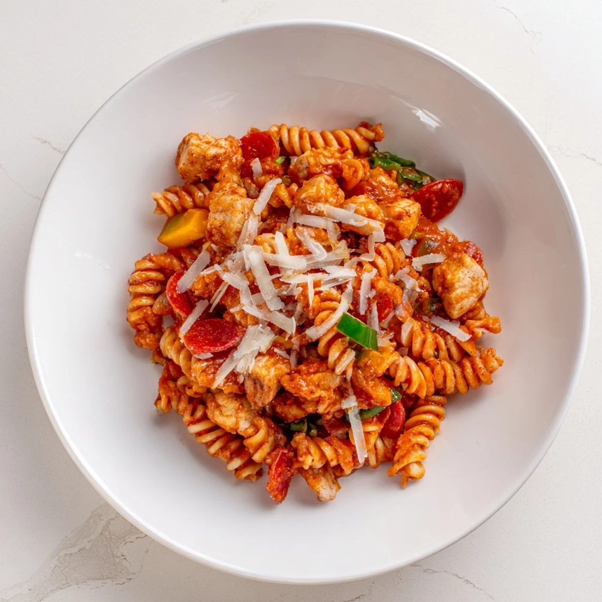 A bubbling one-pan pizza pasta with melted mozzarella, pepperoni, and rotini, ready to enjoy.