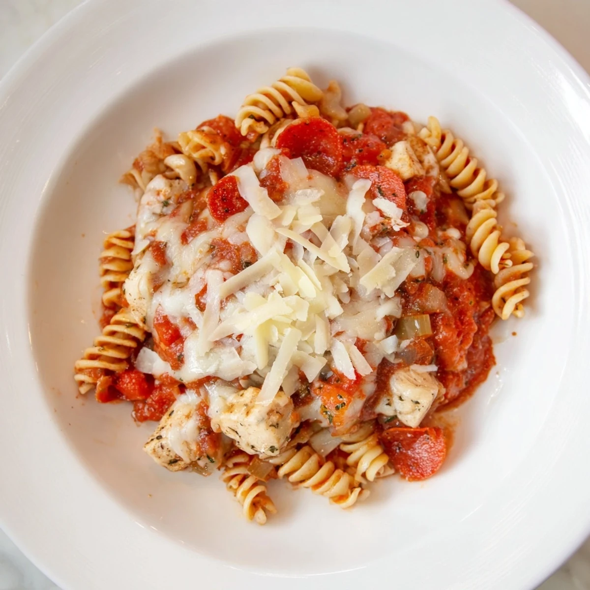 This warm, cheesy one-pan pizza pasta shows off juicy chicken and a vibrant pizza sauce.