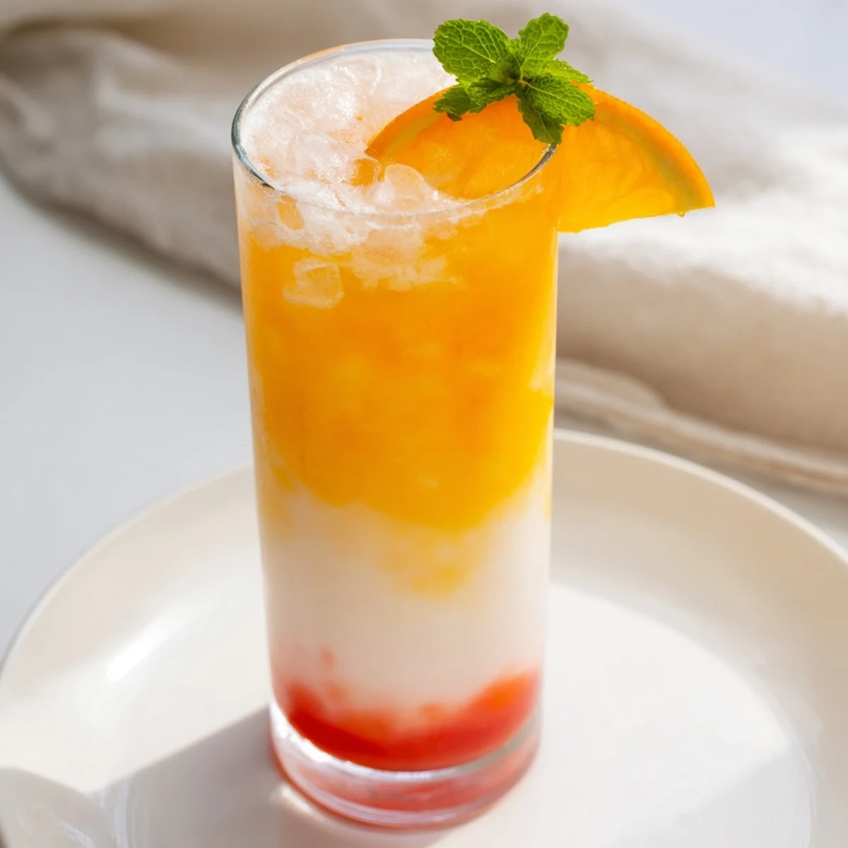 View the layered Alpine Sunrise mocktail: creamy coconut base with vibrant orange and red sunrise hues.