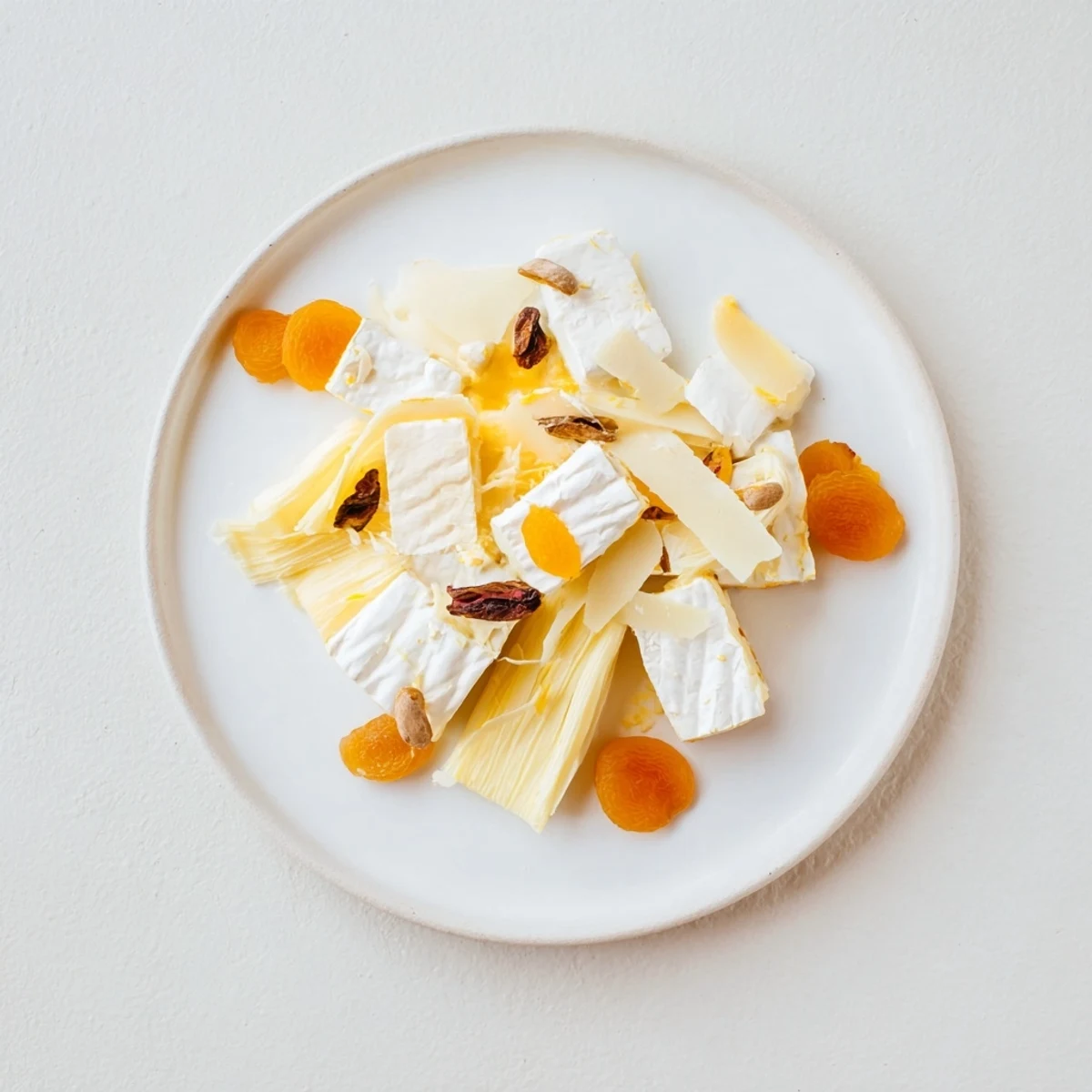 A beautiful cheese board, The Saffron Silk, showcases yellow cheeses with a creamy, swirling texture.