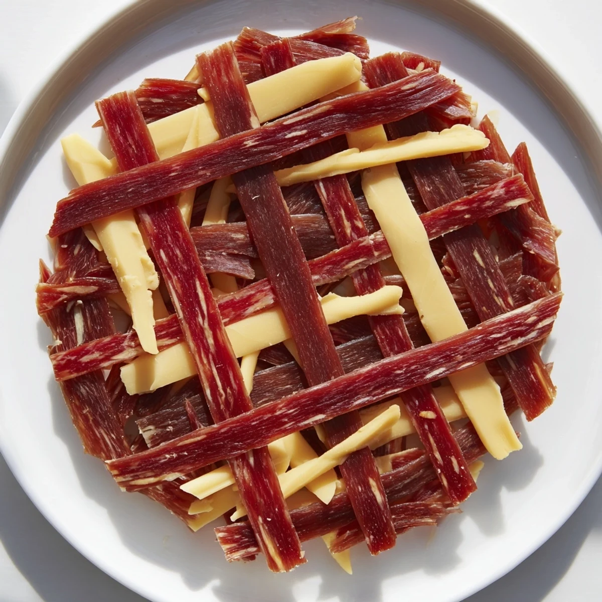 The Tartan Plaid recipe: a visually appealing appetizer featuring woven jerky and cheese strips.