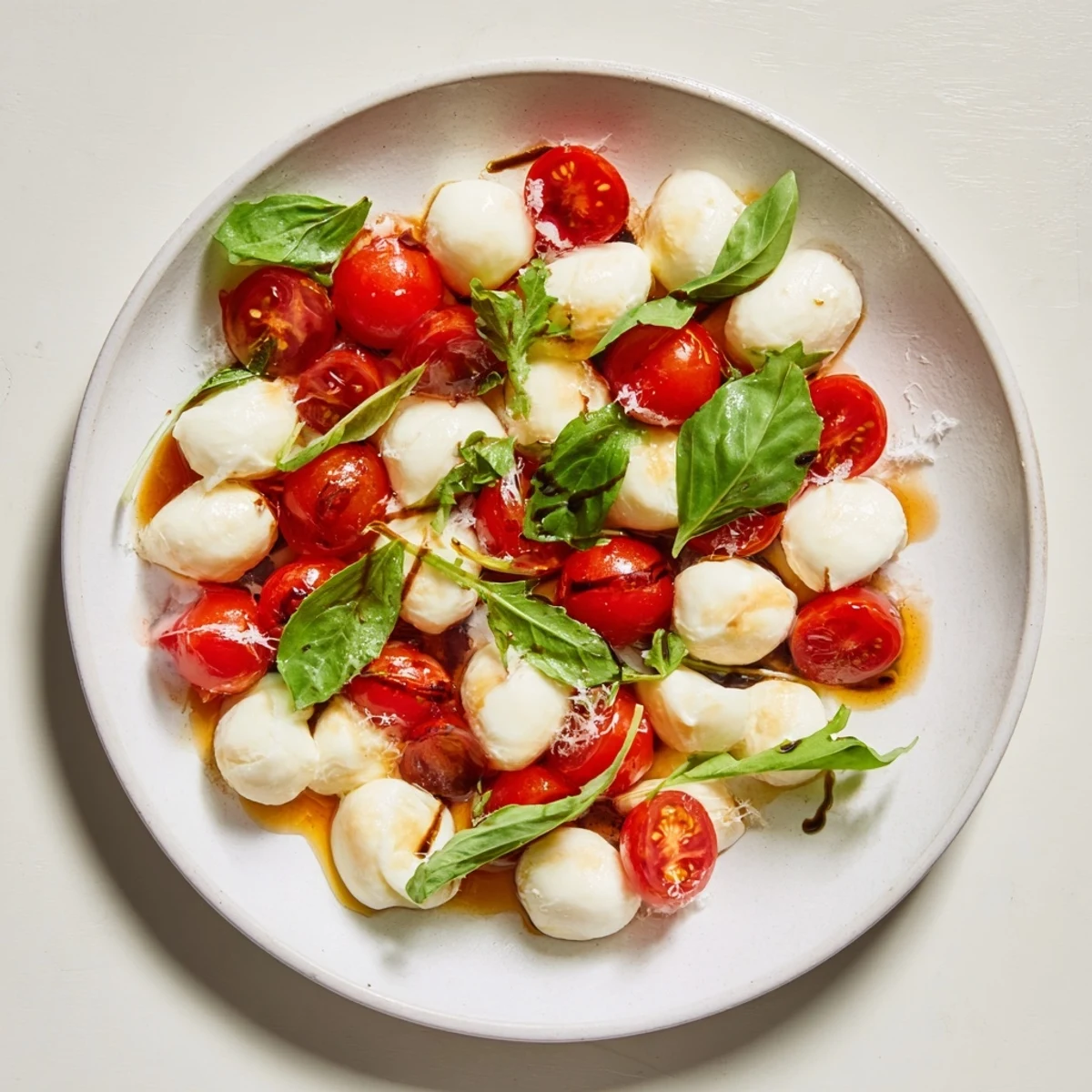 Fresh Pearly Strand salad with mozzarella pearls: a beautiful Italian-inspired dish for your table.