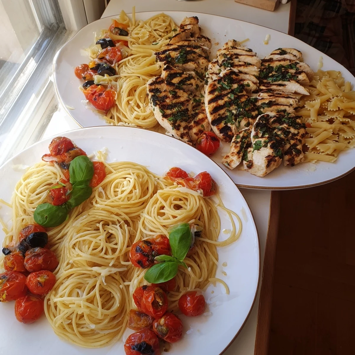 Girl Dinner Pasta Board, a colorful shareable platter with vibrant pasta, grilled chicken, and various sauces.