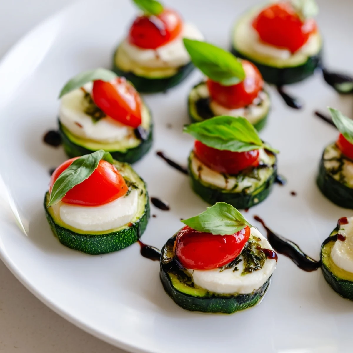 Warm Zucchini Caprese Bites, featuring juicy tomatoes and melted mozzarella on baked zucchini.