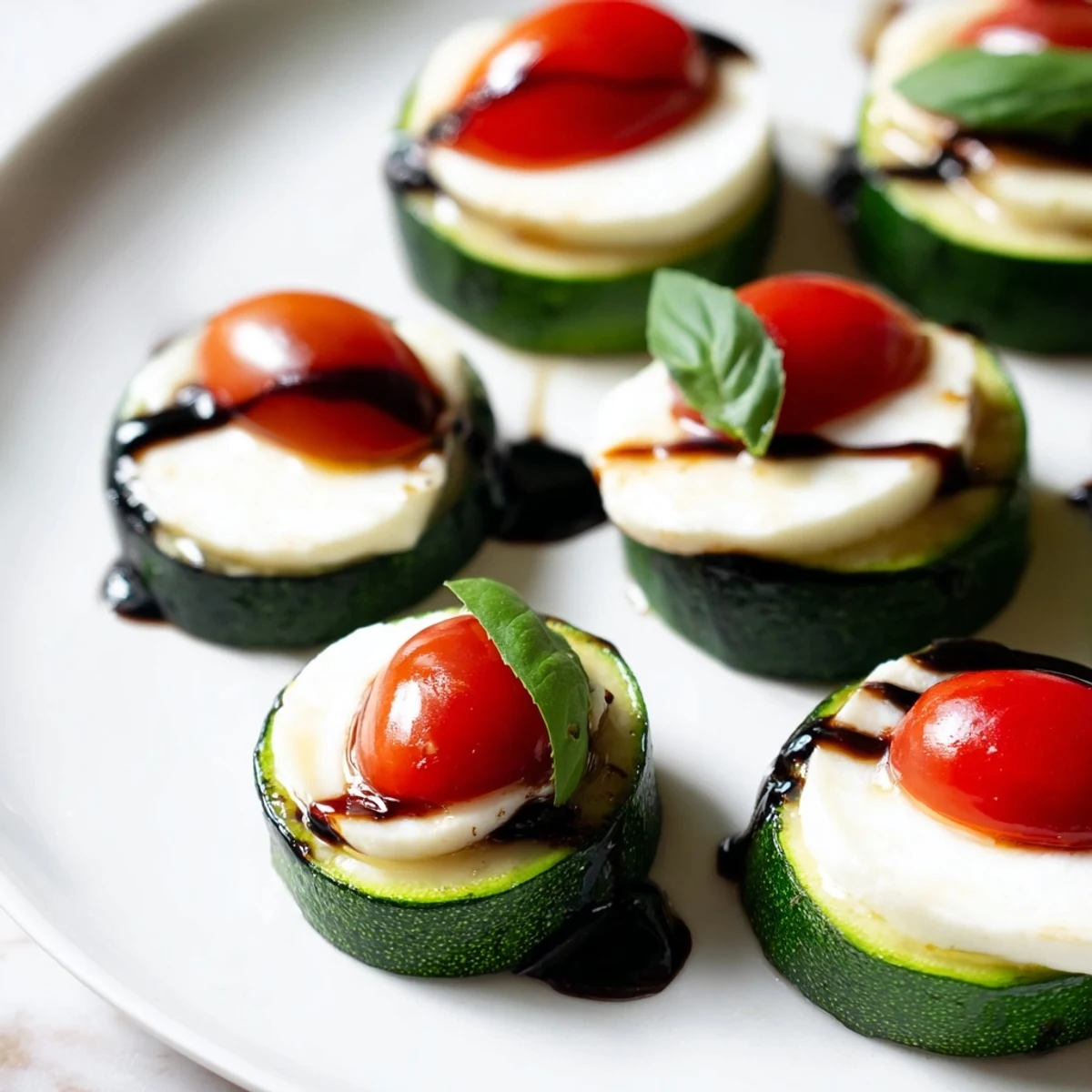 Enjoy colorful Zucchini Caprese Bites: Baked zucchini rounds with tomatoes, mozzarella, and glaze.