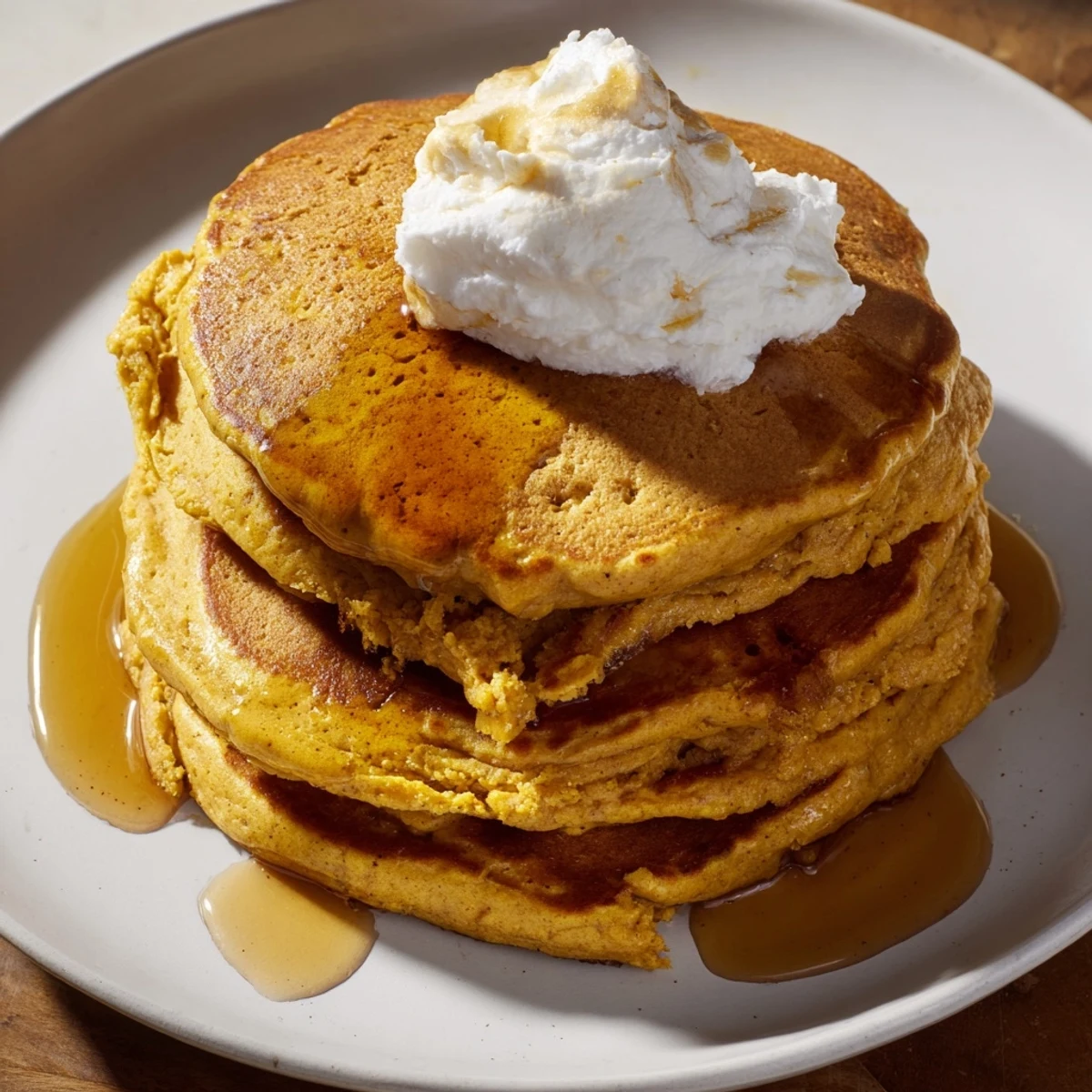 Golden, fluffy Pumpkin Spice Pancakes drizzled with maple syrup; a delicious breakfast treat.