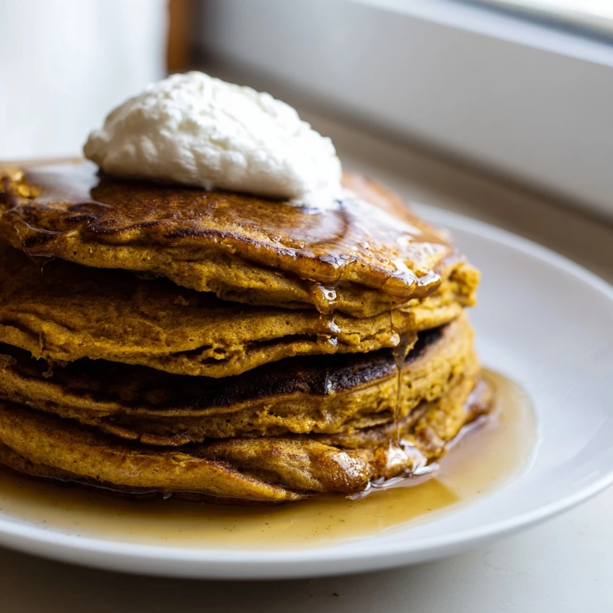 Image shows a stack of homemade Pumpkin Spice Pancakes, ready to be topped and enjoyed.