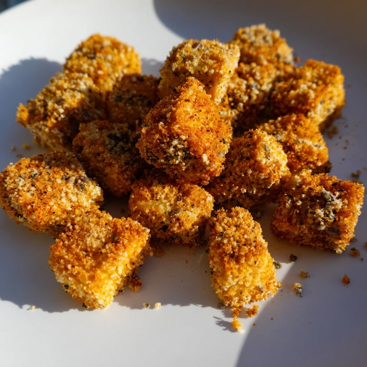 Golden-brown Popcorn Tofu Bites, crispy and inviting, perfect for dipping into your favorite sauce.