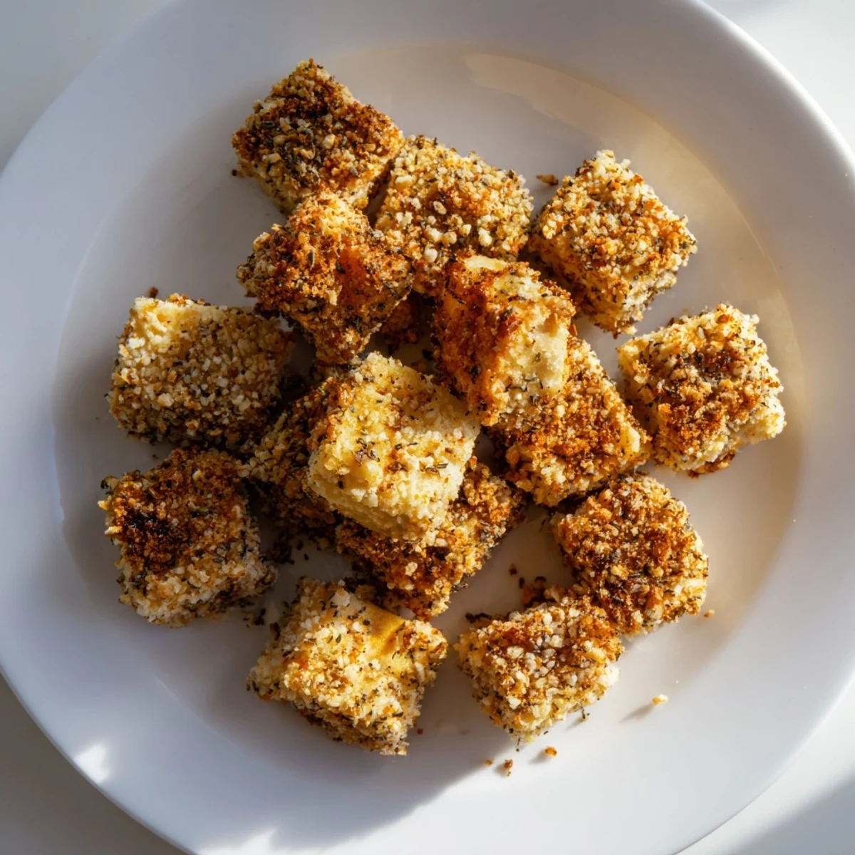 A close-up reveals a pile of perfectly cooked Popcorn Tofu Bites, promising a delightful, savory crunch.