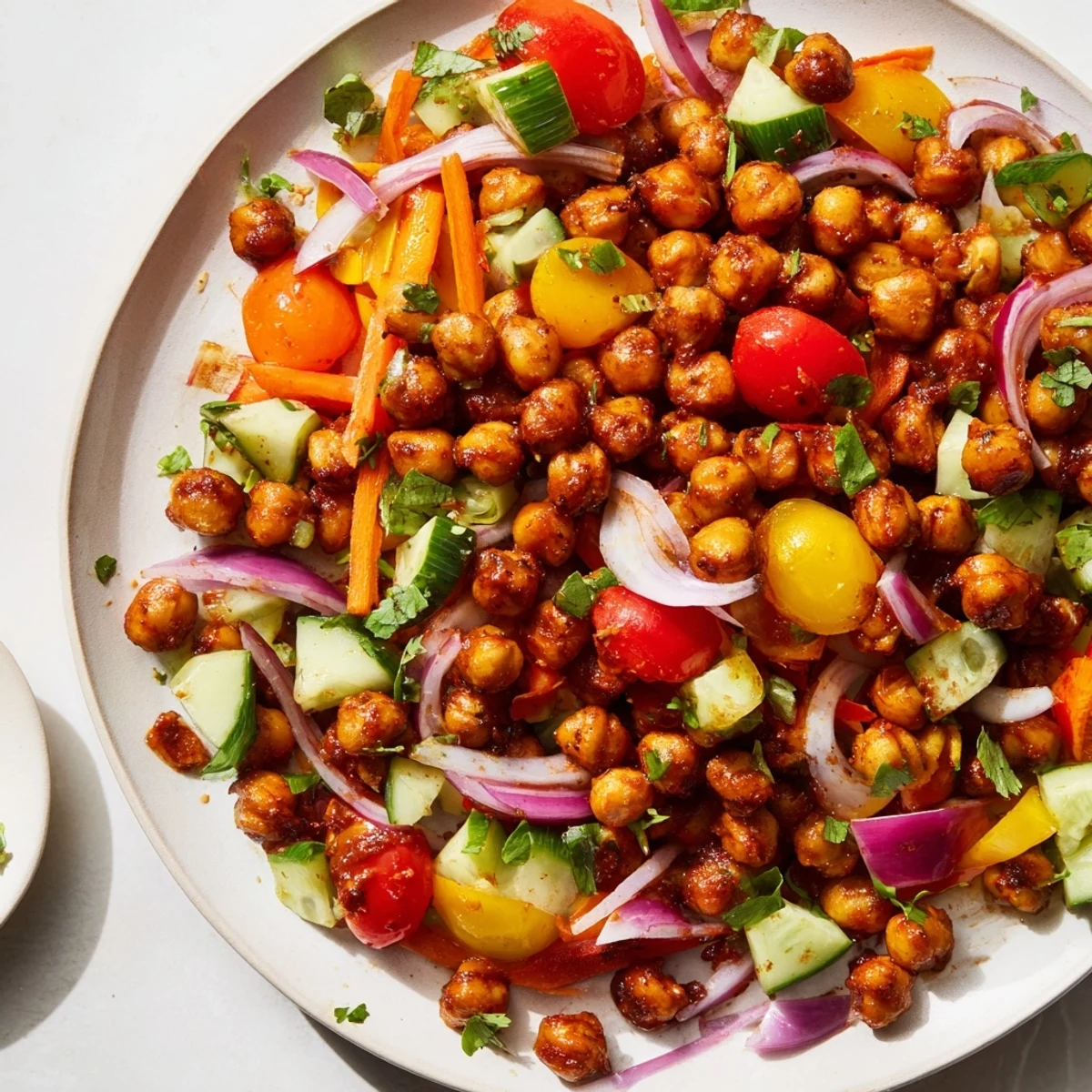 Smoky BBQ Chickpea Salad, bursting with colorful veggies and coated in a tangy dressing.