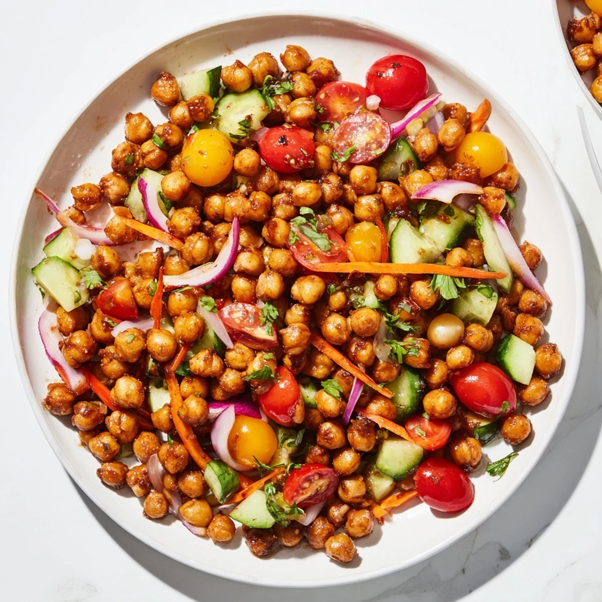 Fresh BBQ Chickpea Salad: imagine vibrant chopped vegetables and flavorful, saucy chickpeas.